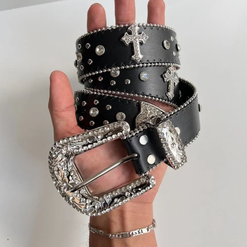 Accessories | Y2k 200s Vintage Black Chrome Cross Studded Goth Emo